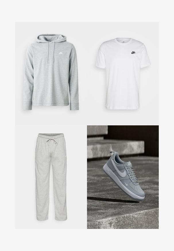 Lys grå hættetrøje lavet af blødt stof, med lange ærmer, en frontkangaroo-lomme og et lille hvidt logo på brystet.; Hvid bomulds T-shirt med rund hals, korte ærmer og et sort Nike-logo på venstre bryst. Enkel, ensfarvet design.; Lys grå sweatpants lavet af blødt stof. Har en elastisk talje med snøre og Nike-logo i sort på venstre lår.; Grå Nike Air Force 1 sneaker med hvid Swoosh-logo, svævende over en tekstureret betonoverflade med trapper i baggrunden.