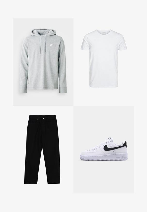Sudadera gris claro de tejido suave, con mangas largas, un bolsillo tipo canguro en la parte frontal y un pequeño logo blanco en el pecho.; Camiseta de manga corta y cuello redondo en blanco sólido, fabricada en algodón suave, presenta un diseño simple sin patrones ni acentos visibles.; Pantalones de mezclilla negros con corte recto, que cuentan con dos bolsillos delanteros, cierre con botones y detalles sutiles de costura.; Zapatilla blanca de cuero con un Swoosh negro texturizado, cordones planos y una suela de goma con un patrón estriado. "AIR" está grabado en el talón.