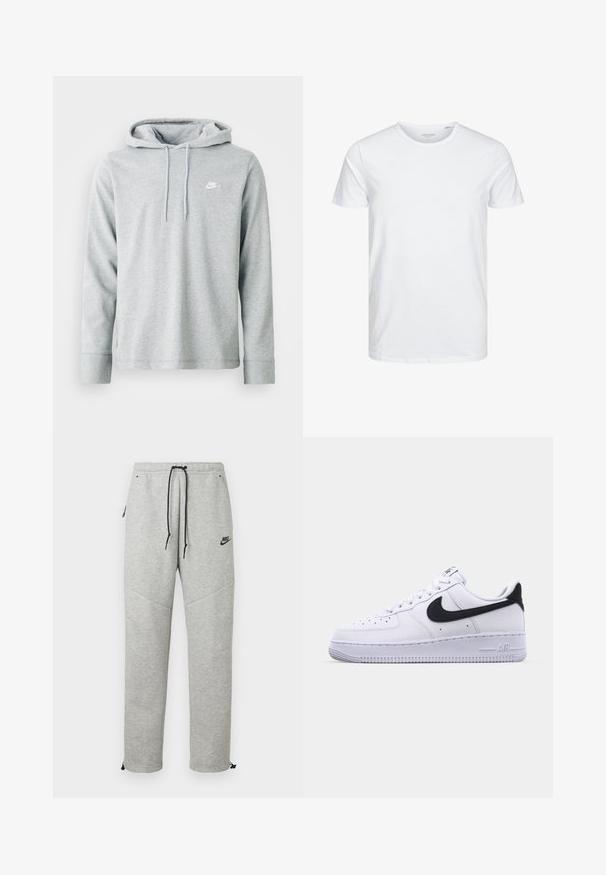 Lys grå hættetrøje lavet af blødt stof, med lange ærmer, en frontkangaroo-lomme og et lille hvidt logo på brystet.; Rundhals kortærmet t-shirt i ensfarvet hvid, lavet af blød bomuld, har et simpelt design uden synlige mønstre eller detaljer.; Grå Nike sweatpants med snøre i taljen, sidelommer og elastiske manchetter. Har en glat overflade og kontrastfarvet sort logo-detalje.; Hvide lædersneakers med en struktureret sort Swoosh, flade snørebånd og en gummisål med et rillemønster. "AIR" er præget på hælen.