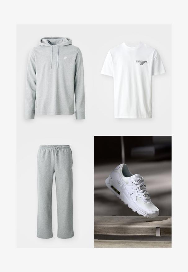 Lys grå hættetrøje lavet af blødt stof, med lange ærmer, en frontkangaroo-lomme og et lille hvidt logo på brystet.; Hvid bomulds T-shirt med rund halsudskæring. Har et lille blåt tekstlogo "CARHARTT WIP" på venstre bryst. Klassisk pasform, korte ærmer.; Grå bomulds sweatpants med elastisk talje, snorelukning og lige ben. Har et lille logo på den øverste venstre side.; Hvide Nike Air Max 90 sneakers med en overdel i mesh og læder, perforeret tåboks og en synlig luftenhed i hælen.