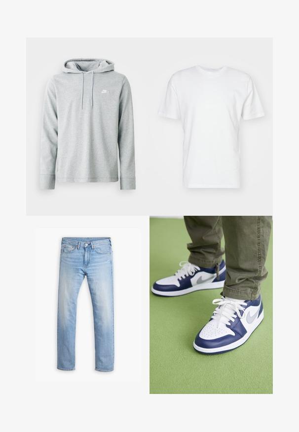 Hoodie gris clair en tissu doux, avec des manches longues, une poche kangourou à l'avant et un petit logo blanc sur la poitrine.; T-shirt en coton blanc à manches courtes, encolure ronde et texture lisse. Design simple sans motifs ni graphiques.; Jean en denim bleu clair avec une coupe droite, cinq poches et un bouton de fermeture. Présente un léger délavage et des accents de couture orange.; Baskets en cuir bleu et blanc avec un bout perforé, lacets blancs et accents argentés, assorties à un pantalon vert olive sur une surface verte.