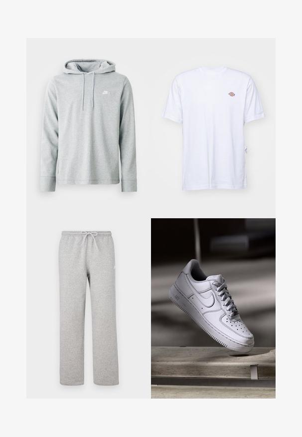 Lys grå hættetrøje lavet af blødt stof, med lange ærmer, en frontkangaroo-lomme og et lille hvidt logo på brystet.; Hvid bomulds t-shirt med v-hals og korte ærmer. Har et lille farverigt broderet logo på venstre bryst. Blød tekstur.; Grå joggingbukser med elastisk talje og snor. Fremstillet af blødt stof, de har lige ben og diskret logodetalje.; Hvid læder Nike Air Force 1 sneaker med perforeret tå, flade snørebånd og tekstureret gummisål med "AIR" branding på siden.