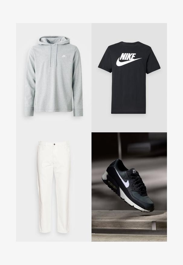 Lys grå hættetrøje lavet af blødt stof, med lange ærmer, en frontkangaroo-lomme og et lille hvidt logo på brystet.; Sort kortærmet t-shirt med hvid Nike-logo og swoosh centreret på brystet, vist på lysegrå baggrund.; Hvide bomuldsbukser med lige ben, forlommer, enkelt knaplukning og en blød tekstur.; Sort og grå Nike Air Max sneaker med hvid swoosh, ophængt over en betongulv mod en sløret mørk baggrund.