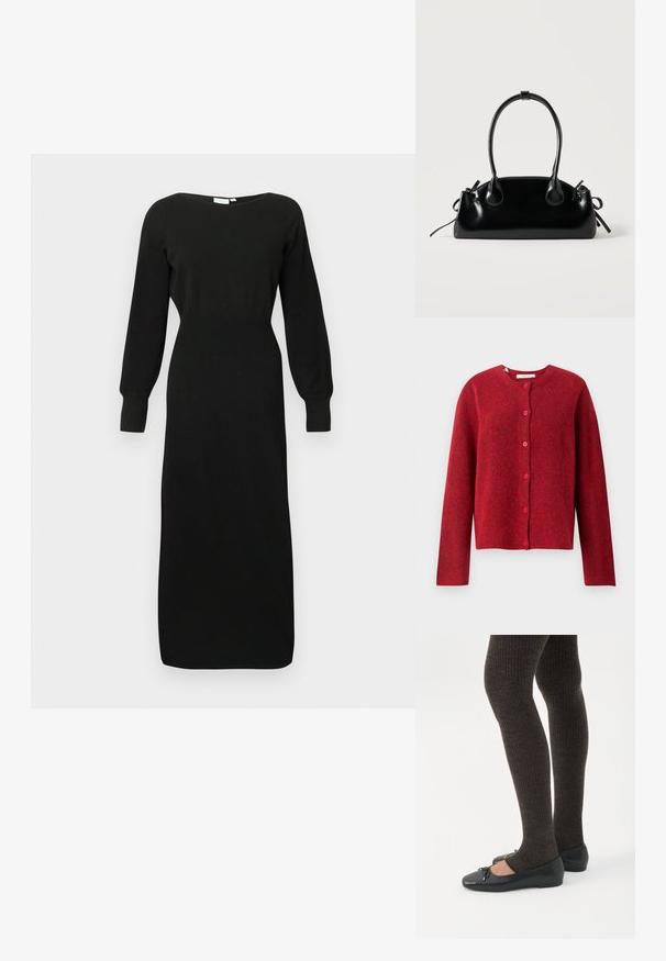 Selected SLFLULU - Ζακέτα - equestrian red; Μαύρο knitted midi φόρεμα με μακριά μανίκια, στενή μέση, στρογγυλή λαιμόκοψη και μανίκια με κουμπί, παρουσιασμένο σε απλή ανοιχτόχρωμη φόντο.; Πόδια με σκουρόχρωμα ριμπ κολάν συνδυασμένα με μαύρα μπαλαρίνα παπούτσια με μικρές λεπτομέρειες φιόγκων σε λευκό φόντο.; Μικρή μαύρη γυαλιστερή τσάντα με δύο μακριές λαβές και λεπτομέρειες με ρυθμιζόμενο κορδόνι στο πλάι σε απλό ανοιχτό φόντο.