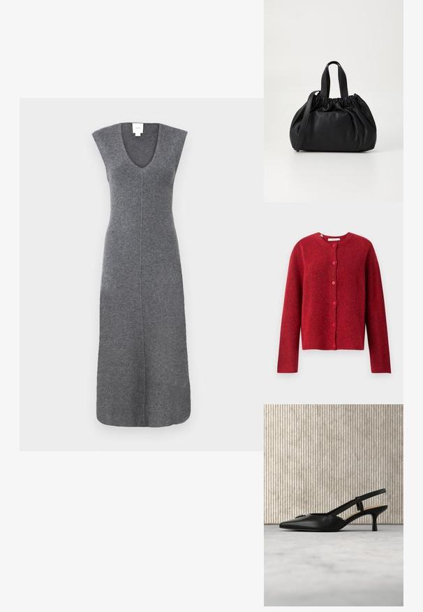 Selected SLFLULU - Cardigan - equestrian red; Grå, ærmeløs kjole lavet af blødt materiale. Den har en dyb V-halsudskæring og en lige pasform, med en søm ned langs midten foran.; Sort slingback sko med kittenhæl, spids tå og metallogo, der svæver nær en reflekterende overflade og et metalstativ med papirer.; Sort læderhåndtaske med en samlet topdesign, der har to korte håndtag og en lang justerbar rem. Glat overflade, rund form.