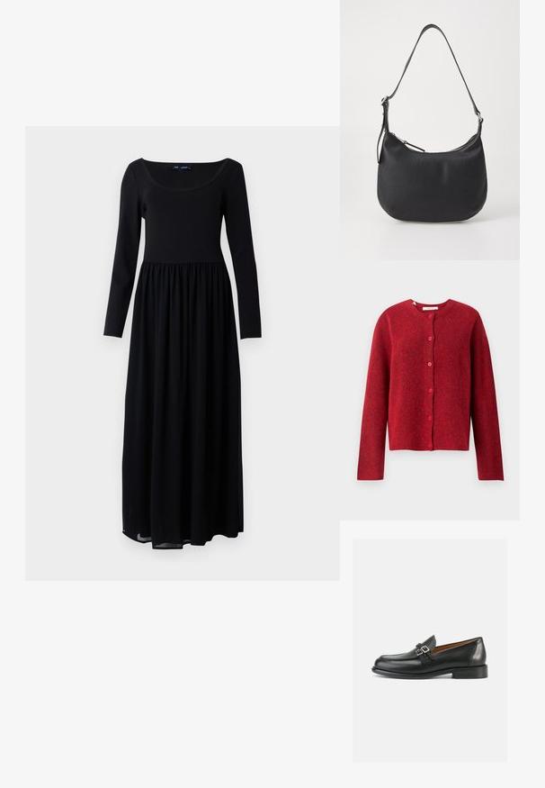 Selected SLFLULU - Cardigan - equestrian red; Sort maxikjole med lange ærmer, figursyet bodice og sammensnøret talje, lavet af blødt, let materiale, med en bred rund halsudskæring.; Sorte læderloafer med synligt sømdesign, der har en dobbelt spænde-detalje og en let forhøjet hæl for ekstra højde.; Sort læder skuldertaske med en buet form, lynlåslukning og justerbar skulderrem. Har prægede brandlogoer på forsiden.
