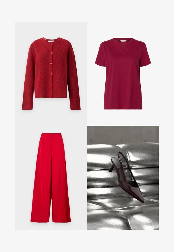Selected SLFLULU - Cardigan - equestrian red; Enkelt kortærmet t-shirt med rund hals i ensartet mørkerød farve, vist på hvid baggrund.; Bredde benbukser i lys rød, lavet af glat stof. Har et højt taljeled, skarpe plisseringer og et flydende design.; Blank mørkerød slingback højhælet sko med spids tå, vist på en skinnende sølvfarvet polstret læderoverflade.