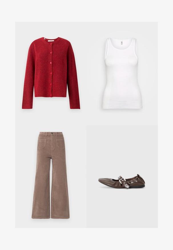 Selected SLFLULU - Kardigán - equestrian red; Biely, ryhovaný tielko s okrúhlym výstrihom a širokými ramienkami, so štíhlym strihom, ktorý sa prispôsobuje telu. Žiadne viditeľné vzory ani akcenty.; Hnedé kordové nohavice s širokým strihom a vysokým pásom, s gombíkovým zapínaním, dvoma zadnými vreckami a vertikálnou ryhovanou textúrou.; Hnedé lakované baleríny s špicatou špičkou, elastickým detailom v tvare mašle a striebornou prackou na boku. Čierna gumová podrážka.