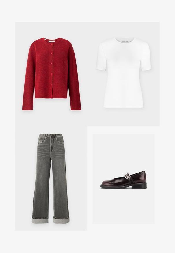Selected SLFLULU - Cardigan - equestrian red; Hvid T-shirt med rund hals, korte ærmer, slank pasform og ribbet stofstruktur, vist på en ensfarvet lys grå baggrund.; Grå denimjeans med vide ben, høj talje, fem lommer og opbukket kant. Stoffet har en let slidte struktur med synlige syninger.; En enkelt blank mørk burgunder Mary Jane sko med bred rem og sølvspænde, lav blokhæle og rundet tå på hvid baggrund.