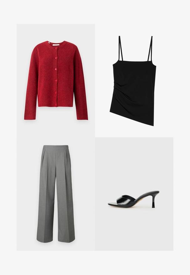 Selected SLFLULU - Cardigan - equestrian red; Sort, ærmeløs top med tynde stropper; har et draperet design på den ene side og en glat tekstur; lavet af strækbart stof.; Grå bukser med høj talje og vide ben, med forreste folder og sidelås, lavet af tekstureret stof.; Sorte læder højhælede mules med open-toe design og en bred, buet overdel. Glat tekstur og slank silhuet.