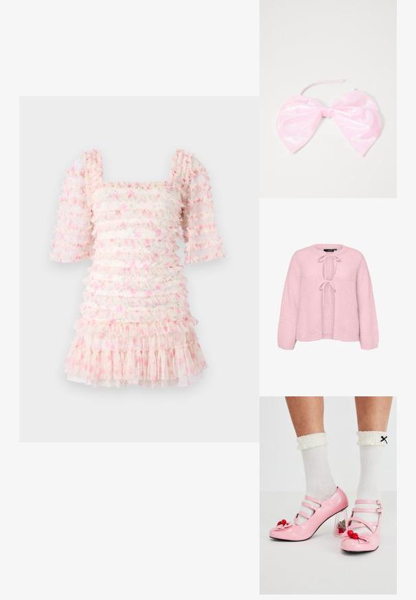 Cardigan en maille rose pâle à manches longues, devant ouvert maintenu par deux nœuds noués au niveau de l'encolure et de la poitrine.; Robe volants avec un décolleté carré et des manches bouffantes, en tissu transparent avec des motifs floraux roses et des volants superposés à l'ourlet.; Talons hauts en cuir verni rose avec un bout arrondi, trois brides et des embellissements en cerise. Le talon bloc transparent présente des accents floraux. Chaussettes blanches à côtes.; Accessoire capillaire rose et brillant en forme de grand nœud, avec une texture lisse et une fine sangle pour le maintenir en place.