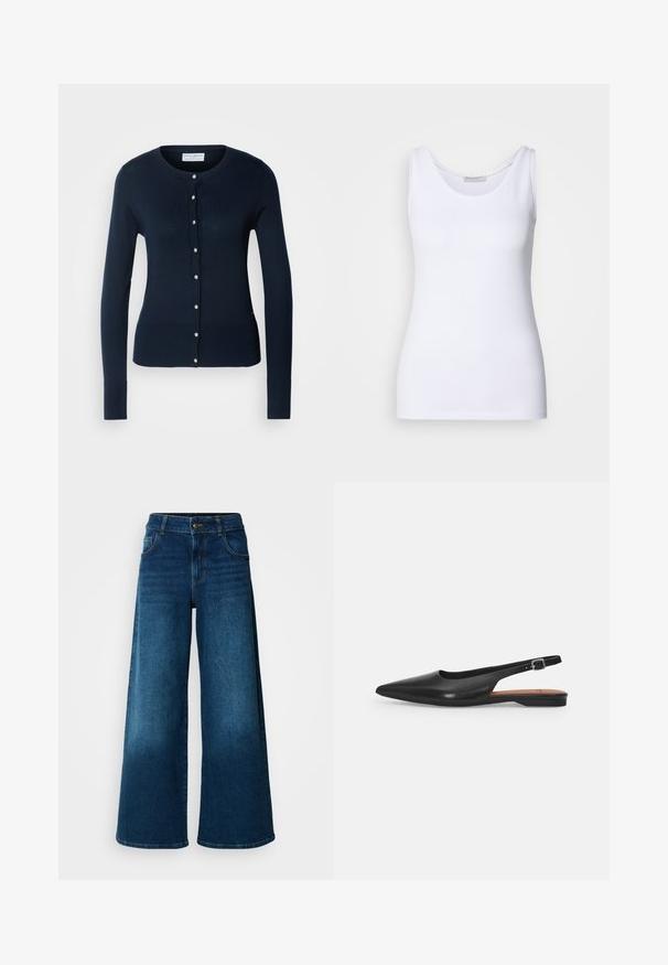 Cardigan tricoté bleu marine avec des manches longues, des bords côtelés et un devant à boutons featuring de petits boutons dorés.; Débardeur blanc en tissu lisse et extensible. Il possède un décolleté arrondi et des bretelles larges. L'ourlet se situe juste en dessous de la taille. Sans motifs ni accents.; Jean large en denim bleu foncé. Doté d'une taille haute, d'une fermeture à bouton et d'un design classique à cinq poches avec une légère décoloration.; Chaussure slingback en cuir noir avec un bout pointu, un léger éclat et une bride de cheville réglable. Talon plat avec une semelle intérieure marron.