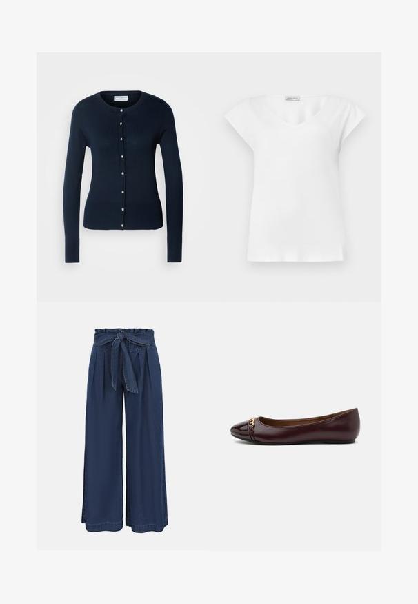 Cardigan tricoté bleu marine avec des manches longues, des bords côtelés et un devant à boutons featuring de petits boutons dorés.; Blouse blanche à manches courtes avec un col rond et une petite étiquette de marque près du col.; Pantalon bleu marine taille haute à jambes larges, avec un devant plissé et une ceinture en tissu nouée à la taille.; Chaussure plate en cuir bordeaux foncé avec bout pointu, détail chaîne dorée à l'avant, et petit talon sur fond blanc.