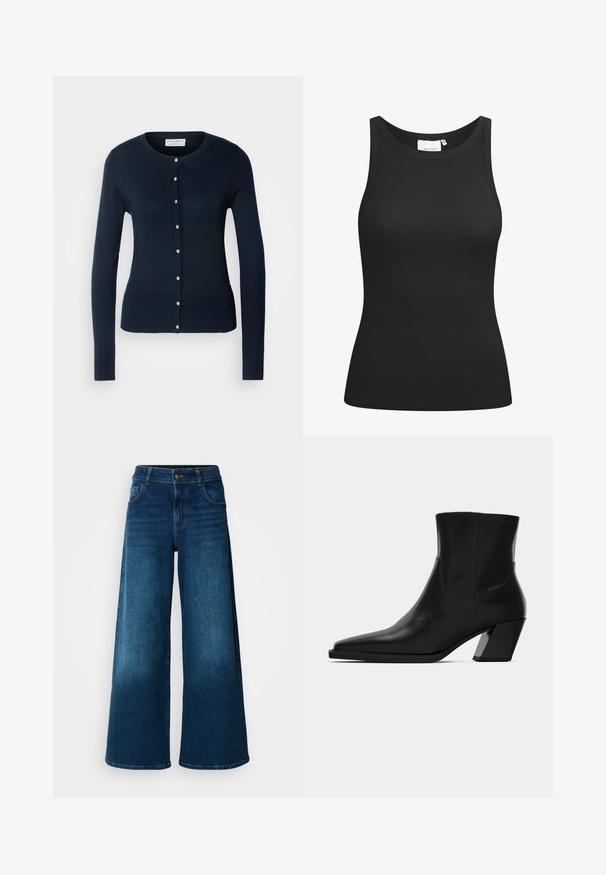 Cardigan tricoté bleu marine avec des manches longues, des bords côtelés et un devant à boutons featuring de petits boutons dorés.; Débardeur noir en tissu côtelé, avec un décolleté en forme de rond et une coupe ajustée. Coutures plates et sans ornements. Design simple et épuré.; Jean large en denim bleu foncé. Doté d'une taille haute, d'une fermeture à bouton et d'un design classique à cinq poches avec une légère décoloration.; Bottine en cuir noir avec un bout pointu, une silhouette élégante et un talon carré massif. Texture lisse avec des détails de couture minimalistes.