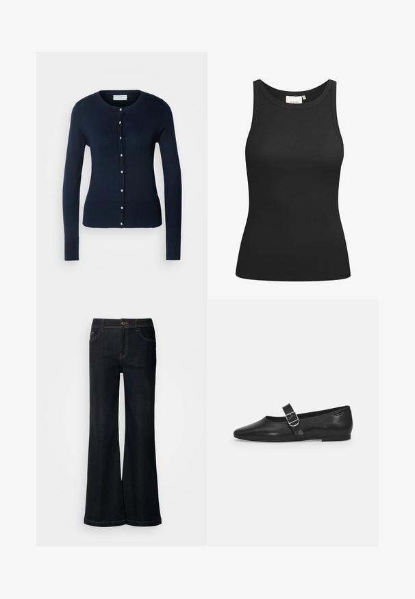 Cardigan tricoté bleu marine avec des manches longues, des bords côtelés et un devant à boutons featuring de petits boutons dorés.; Débardeur noir en tissu côtelé, avec un décolleté en forme de rond et une coupe ajustée. Coutures plates et sans ornements. Design simple et épuré.; Mos Mosh MMDARA DELUXE JEANS - Jean boyfriend - dark blue; Chaussure plate en cuir noir avec un bout arrondi, une seule sangle réglable à boucle et une texture lisse et brillante. Design minimaliste avec un petit talon.