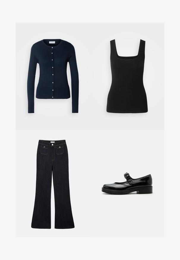 Cardigan tricoté bleu marine avec des manches longues, des bords côtelés et un devant à boutons featuring de petits boutons dorés.; Débardeur sans manches noir avec un décolleté carré, fabriqué en tissu lisse ; design ajusté sans motifs ni accents en métal.; Jeans en denim foncé évasés avec une taille haute, deux poches avant et des coutures orange. Le matériau semble robuste et lisse.; Chaussure Mary Jane en cuir verni noir avec bout rond, petit talon bloc et bride réglable avec boucle sur le coup de pied.