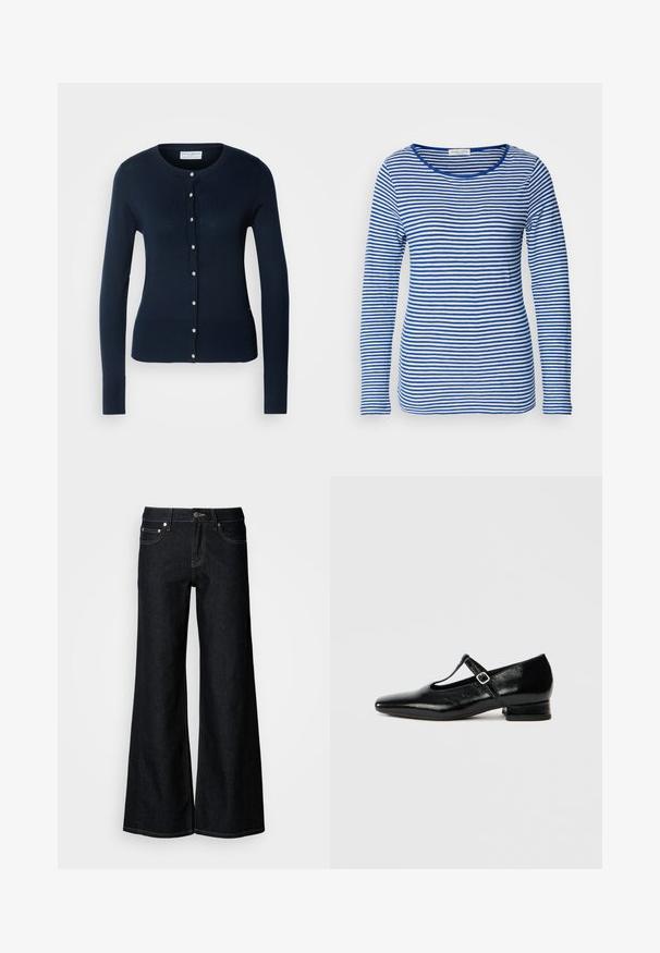 Cardigan tricoté bleu marine avec des manches longues, des bords côtelés et un devant à boutons featuring de petits boutons dorés.; Chemise à manches longues avec un col rond, présentant des rayures horizontales bleues et blanches alternées. Fabriquée en tissu doux et léger.; Jean en denim foncé à jambes larges avec une taille haute, un design à cinq poches et une couture contrastée jaune le long des coutures.; Chaussures Mary Jane en cuir noir avec bout pointu, petit talon carré et bride ajustable avec une boucle argentée. Texture lisse et brillante.