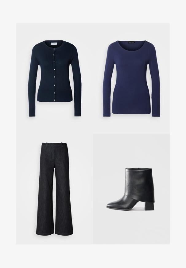 Cardigan tricoté bleu marine avec des manches longues, des bords côtelés et un devant à boutons featuring de petits boutons dorés.; T-shirt à manches longues marine en matériau doux avec un col rond et un design ajusté. Aucuns motifs ni accents visibles.; Pantalon en denim noir à jambes larges avec une finition texturée, doté de passants pour ceinture et d'un ourlet net. Design classique, adapté à diverses occasions.; Bottine en cuir noir à bout pointu, texture lisse et talon bloc structuré. Elle se distingue par un design de revers haut et plié.