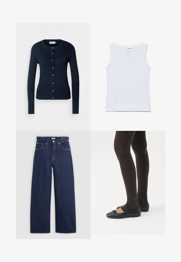 Cardigan tricoté bleu marine avec des manches longues, des bords côtelés et un devant à boutons featuring de petits boutons dorés.; Haut blanc sans manches en coton avec un large col rond et un ourlet droit, présenté à plat sur un fond blanc.; Jeans en denim bleu foncé à jambes larges avec une taille haute, dotés de cinq poches, passants de ceinture et détails de couture en cuivre. Texture lisse.; Jambes portant des leggings côtelés foncés associés à des ballerines noires avec de petits détails en nœud sur fond blanc.