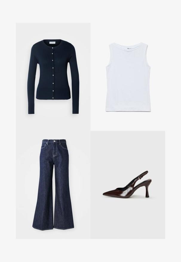 Cardigan tricoté bleu marine avec des manches longues, des bords côtelés et un devant à boutons featuring de petits boutons dorés.; Haut blanc sans manches en coton avec un large col rond et un ourlet droit, présenté à plat sur un fond blanc.; Jean flare en denim foncé avec taille haute, présentant une fermeture à bouton et zip. Des coutures blanches et des jambes larges créent une silhouette structurée.; Talons slingback en cuir verni brun avec un bout pointu, un talon fin, et une sangle réglable avec une petite boucle.