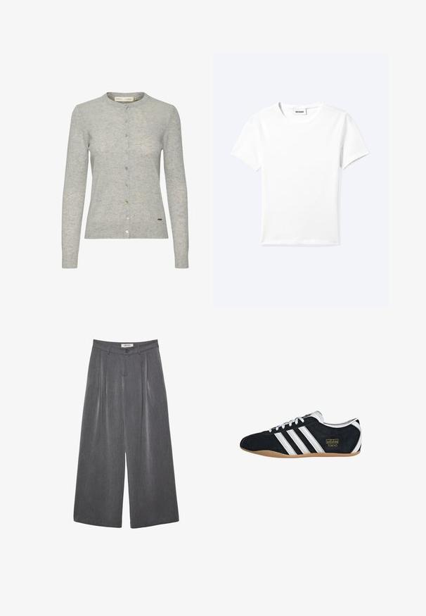 Lys grå cardigan lavet af tekstureret stof, med rund halsudskæring, langærmede og knaplukning med knapper i forskellige farver.; Ensfarvet hvid t-shirt med korte ærmer og rund halsudskæring med en lille "WEEKDAY" label indeni halskanten, vist fladt på en lys baggrund.; Grå vidde bukser med læg, lavet af blødt stof. Har knaplukning og en skræddersyet linning.; Sort ruskinds sneaker med hvide tre striber, guldlogo og en brun gummisål. Har et lavprofil snørebåndsdesign.