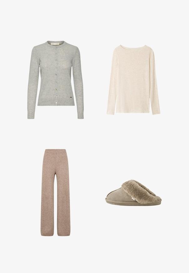 Lys grå cardigan lavet af tekstureret stof, med rund halsudskæring, langærmede og knaplukning med knapper i forskellige farver.; Langærmet, lysebeige striktop med bådudskæring og subtil meleret tekstur.; Strikkede bukser med vidde i en lys brune nuance med en ribbet talje og ribkant. Bukserne har et blødt, tekstureret stof. Ingen synlige lommer.; Beige slip-on tøfler med blød, plyssede pelsforing omkring åbningen og en ydersål med ruskindslignende overflade.