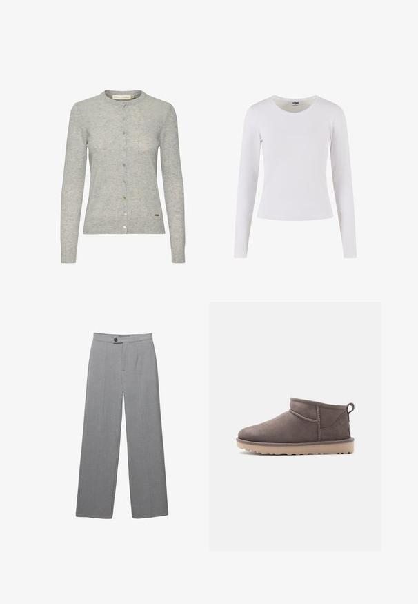 Lichtgrijze cardigan van textuurstof, met een ronde halslijn, lange mouwen en een knoopsluiting met knopen in verschillende kleuren.; Wit T-shirt met lange mouwen, gemaakt van zachte katoen, voorzien van een ronde hals en een getailleerde pasvorm zonder patronen of accenten.; Grijze op maat gemaakte broek met een brede pijp, platte voorkant en subtiele textuur. Bevat een enkele knoopsluiting en strakke lijnen.; Lage, bruin suède instapschoen met een textuurrijke zool en trekkoord op een effen achtergrond.