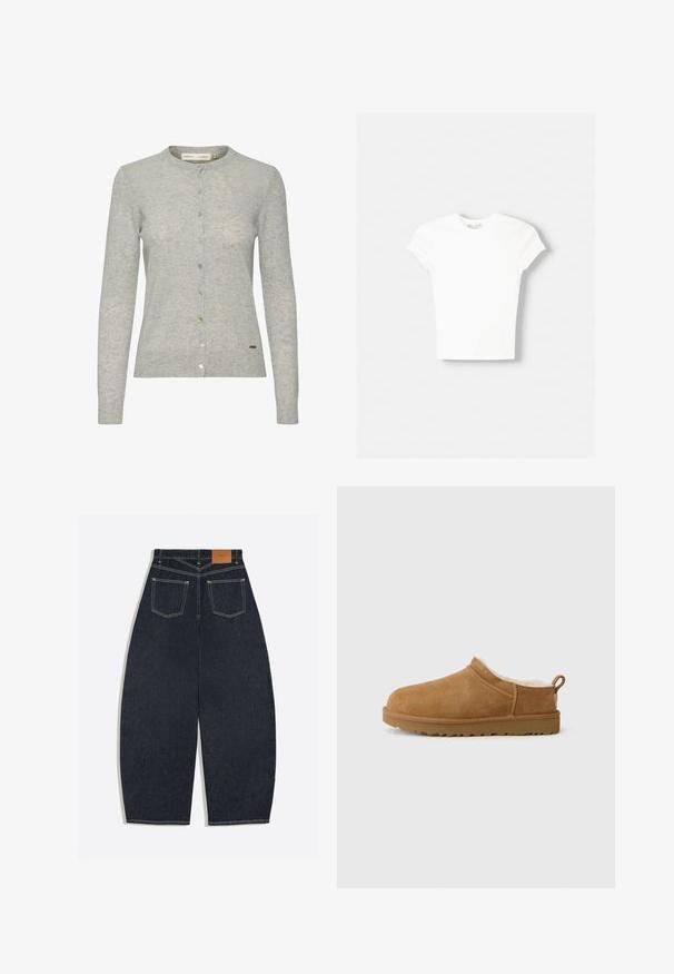 Lichtgrijze cardigan van textuurstof, met een ronde halslijn, lange mouwen en een knoopsluiting met knopen in verschillende kleuren.; Witte t-shirt met korte mouwen van zachte katoen, met een ronde halslijn en een getailleerde vorm. Geen zichtbare patronen of versieringen.; Donkerblauwe denim jeans met wijde pijpen, gezien van achteren met twee opgestikte zakken en een bruin leren merklabel op de tailleband.; Bruine suede instap schoen met een zachte, witte bontvoering, vlakke rubberen zool, ronde neus en een kleine trekflap aan de hiel.