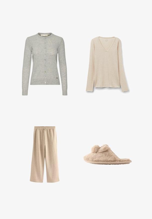 Lys grå cardigan lavet af tekstureret stof, med rund halsudskæring, langærmede og knaplukning med knapper i forskellige farver.; Langærmet V-hals top i lys beige stof med en blød tekstur. Afslappet pasform med lige kant og minimalistisk design.; Cremefarvede breddebenede bukser lavet af blødt bomuldsblandingsstof. Har en elastisk talje med snor og en subtil plettet tekstur.; Beige, fløjlsblød hjemmesko med to pomponer på toppen og en flad sål, designet til indendørs brug.