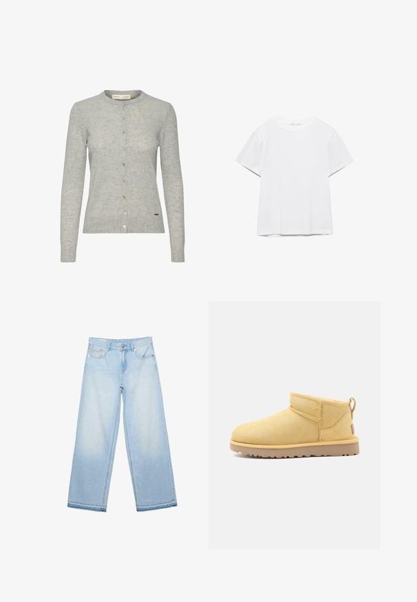 Lys grå cardigan lavet af tekstureret stof, med rund halsudskæring, langærmede og knaplukning med knapper i forskellige farver.; Hvid, kortærmet T-shirt med rund hals og lige kant, vist på en hvid baggrund.; Lyseblå vidde jeans med frontknap, lynlås og fem-lomme-design, lagt fladt på en hvid baggrund.; Kort beige ruskind ankle boot med flad gummisål, syning og trækstrop bagpå mod en ensfarvet baggrund.