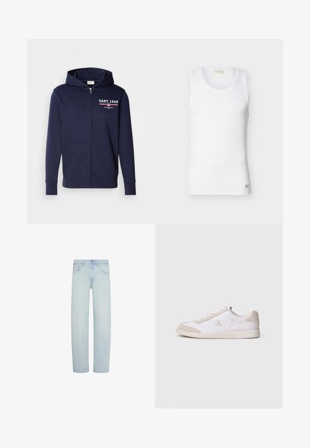 Marineblå zip-up hættetrøje lavet af blødt stof med et "GANT 1949" logo i hvid og rød. Inkluderer frontlommer og hætte med snor.; Hvid ribbet ærmeløs tanktop med rund halsudskæring og lille Calvin Klein-logo mærke nær kanten på ensfarvet baggrund.; Lyseblå denimjeans med lige ben, foran knap- og lynlåslukning, bæltestropper og forlommer.; Hvid og beige lavsko med snørelukning foran, ruskindsdetaljer og "cK" logo på siden, vist i profil mod en ensfarvet baggrund.