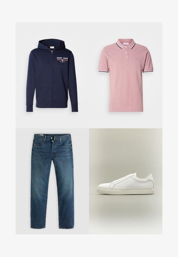 Navyblauwe rits hoodie van zacht weefsel, met een logo "GANT 1949" in het wit en rood. Inclusief voorzakken en een capuchon met trekkoord.; Roze poloshirt met een knoopsluiting met twee knopen, een geribbelde kraag met marineblauwe en witte strepen, en een subtiel logo geborduurd op de borst.; Blauwe denim jeans met een rechte pasvorm, voorzien van vijf zakken, een klassieke knopenrits en subtiele vervaging voor textuur.; Witte lage sneaker met veters aan de voorkant en dikke zool, zijaanzicht tegen een neutrale achtergrond.