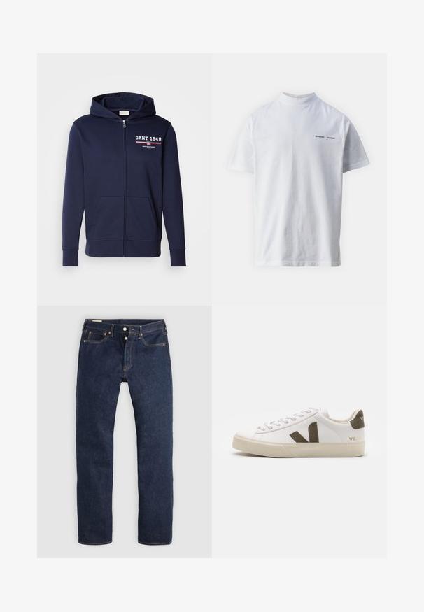 Marineblå zip-up hættetrøje lavet af blødt stof med et "GANT 1949" logo i hvid og rød. Inkluderer frontlommer og hætte med snor.; Hvid bomulds t-shirt med høj halsudskæring og korte ærmer. Har "SAMSØE SAMSØE" logo i sort på forsiden. Glat tekstur.; Mørkeblå jeans med lige ben, knaplukning, for- og baglommer samt kontrastsyning, lagt fladt på en lys baggrund.; Hvide læder sneakers med en lys beige gummisål. Har en brun ruskinds V-logo og hælflap. Snørret lukning med en struktureret overflade.