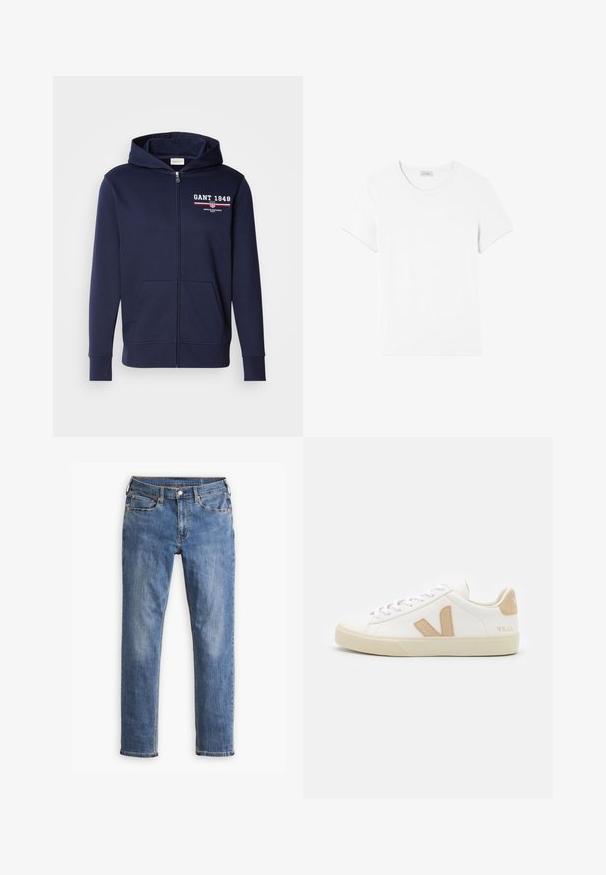 Navyblauwe rits hoodie van zacht weefsel, met een logo "GANT 1949" in het wit en rood. Inclusief voorzakken en een capuchon met trekkoord.; American Vintage GAMIPY - T-shirt basic - blanc; Blauwe slim-fit denim jeans met vijf zakken en knoopsluiting, met lichte vervaging op de dijen en knieën, weergegeven op een witte achtergrond.; Witte sneakers met beige accenten, gemaakt van glad leer, ronde neus, platte rubberen zool en vetersluiting met een logo op de hiel.
