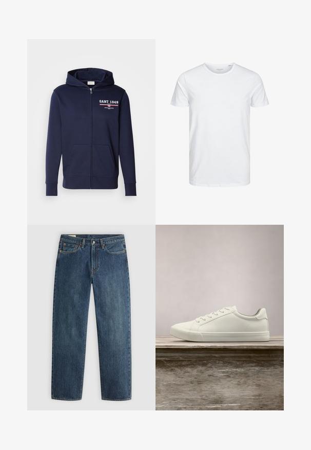 Navyblauwe rits hoodie van zacht weefsel, met een logo "GANT 1949" in het wit en rood. Inclusief voorzakken en een capuchon met trekkoord.; Ronde hals kortemouwen t-shirt in effen wit, gemaakt van zachte katoen, heeft een eenvoudig ontwerp zonder zichtbare patronen of accenten.; Donkerblauwe spijkerbroek met een rechte pasvorm, vijf zakken, zichtbare stiksels en een metalen knoopsluiting in de taille. Middelgewicht stof.; Witte vetersneaker die boven een houten bank zweeft met groene bladeren op de achtergrond, waarbij het ontwerp en de textuur van de schoen worden getoond.