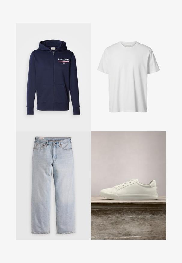 Navyblauwe rits hoodie van zacht weefsel, met een logo "GANT 1949" in het wit en rood. Inclusief voorzakken en een capuchon met trekkoord.; Eenvoudig wit T-shirt met korte mouwen en ronde hals, losse pasvorm en zonder zichtbare logo's of ontwerpen aan de voorkant.; Lichtblauwe rechte jeans met een hoge taille, knoopsluiting en voor- en achterzakken, gepresenteerd op een vlakke ondergrond.; Witte vetersneaker die boven een houten bank zweeft met groene bladeren op de achtergrond, waarbij het ontwerp en de textuur van de schoen worden getoond.