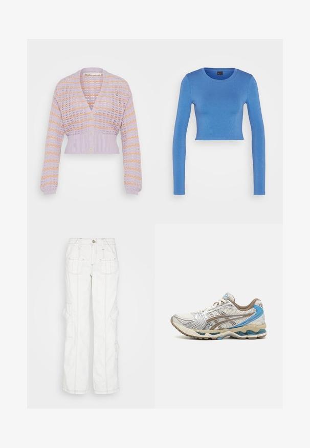 Cárdigan de punto lila claro con patrón de calado, que presenta rayas naranjas, mangas largas y un dobladillo corto. Tres botones en la parte delantera.; Gina Tricot LONGSLEEVE - Camiseta de manga larga - federal blue; BDG Urban Outfitters Vaqueros boyfriend - white; Zapatilla de running blanca y beige con detalles azules, parte superior de malla, suela acolchada y diseño con cordones, mostrada desde el lado exterior.