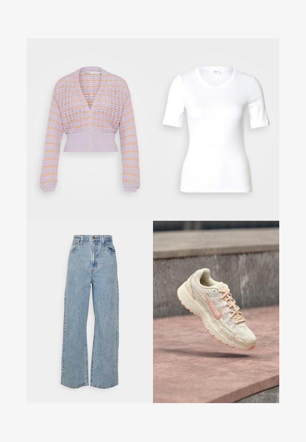 Cárdigan de punto lila claro con patrón de calado, que presenta rayas naranjas, mangas largas y un dobladillo corto. Tres botones en la parte delantera.; Camiseta blanca de manga corta hecha de algodón liso, con escote redondo y forma ajustada. Diseño clásico, sin estampados ni adornos.; Jeans de mezclilla de pierna ancha en azul claro con cintura alta, cierre de botón frontal, cremallera y diseño de cinco bolsillos sobre fondo liso.; Zapatilla Nike en tonos crema y durazno con suela texturizada y cordones, capturada en el aire sobre una superficie de piedra y un fondo de concreto.