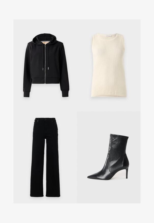 Sort cropped hoodie lavet af blødt stof, med en frontlynlås, snor i hætten og ribbede manchetter. Glat tekstur med minimal dekoration.; Ärmløs cremefarvet top med ribbet tekstur og rund halsudskæring. Stoffet ser blødt ud, med en tætsiddende form og ingen synlige mønstre eller accenter.; Sorte højtaljede jeans med lige ben-design, lavet af denim. Funktioner inkluderer bæltesløjfer, forlommer og en knapdetalje.; Sorte ankelstøvler lavet af glat læder, med spids tå, tætsiddende skaft og en slank høj hæl. Minimalistisk design uden synligt hardware.