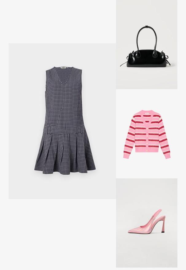 Cárdigan a rayas rosas con amplias rayas horizontales en rojo, blanco y rosa. Presenta un escote en V, cinco botones de color claro y puños acanalados.; Vestido de cuadros en navy con escote en V, diseño sin mangas, falda con plisados y cintura estructurada. Hecho de una tela ligera.; Zapato de tacón destalonado rosa hecho de material iridescente con punta afilada, tacón delgado y correa elástica para un ajuste perfecto. Textura suave con acabado brillante.; Pequeño bolso negro brillante con dos asas largas y detalles de cordón lateral sobre un fondo claro liso.