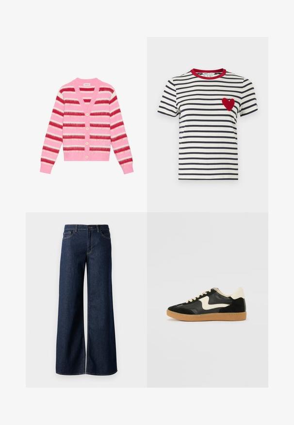 Roze gestreepte cardigan met brede horizontale strepen in rood, wit en roze. Heeft een V-hals, vijf lichtgekleurde knopen en geribbelde manchetten.; Gestreepte T-shirt met navy en witte horizontale strepen, een rode kraag en een textuur hart appliqué in het rood op de linkerborst.; Stijlen met wijde pijpen in donkerblauw denim. Kenmerkt zich door contrasterende stiksels, vijf zakken en een knoopsluiting in de taille. Soepele textuur.; Zwarte suède en leren sneaker met een crèmekleurige zij-swoosh en lichte crèmekleurige hiel. Voorzien van beige veters en een gumrubberen zool.