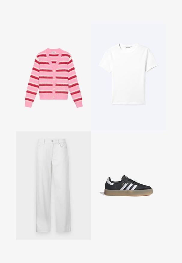 Cárdigan a rayas rosas con amplias rayas horizontales en rojo, blanco y rosa. Presenta un escote en V, cinco botones de color claro y puños acanalados.; Camiseta blanca lisa de manga corta con cuello redondo y una pequeña etiqueta "WEEKDAY" dentro del cuello, mostrada extendida sobre un fondo claro.; Pantalones de mezclilla blanca con un corte holgado, que cuentan con un cierre de botón y cremallera, trabillas para cinturón y un diseño tradicional de cinco bolsillos.; Zapatilla deportiva de cuero negro con tres rayas plateadas, punta texturizada y suela de goma. Cuenta con un collar acolchado y un diseño con cordones.