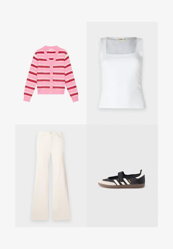 Cárdigan a rayas rosas con amplias rayas horizontales en rojo, blanco y rosa. Presenta un escote en V, cinco botones de color claro y puños acanalados.; Top de tirantes blanco con escote cuadrado, hecho de una tela suave. Presenta tirantes anchos y una silueta ajustada. Sin patrones ni adornos visibles.; ONLY Wide-fit ONLMADISON High waist Wide Leg Fit - Pernera ancha - ecru; Zapatilla negra y beige con una correa de velcro, tres rayas blancas en el lateral y una suela de goma marrón texturizada. Logotipo de la marca visible.