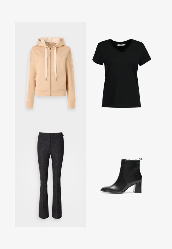 Beige zip-up hættetrøje med kængurulomme, snoretræk og mønstrede detaljer på ærmerne. Fremstillet af blødt, struktureret stof.; Sort V-hals T-shirt lavet af bomuld. Korte ærmer, klassisk pasform, glat tekstur og ingen synlige mønstre eller udsmykninger.; Sorte flared bukser med tekstureret stof, der har et subtilt vævet mønster og lukning med knapper foran. Skræddersyet pasform, der fremhæver faconen.; Sorte læder ankelstøvler med en rund tå, en mellemhøj blokhæl og en løkke bagpå. Glat tekstur, minimalistisk design.