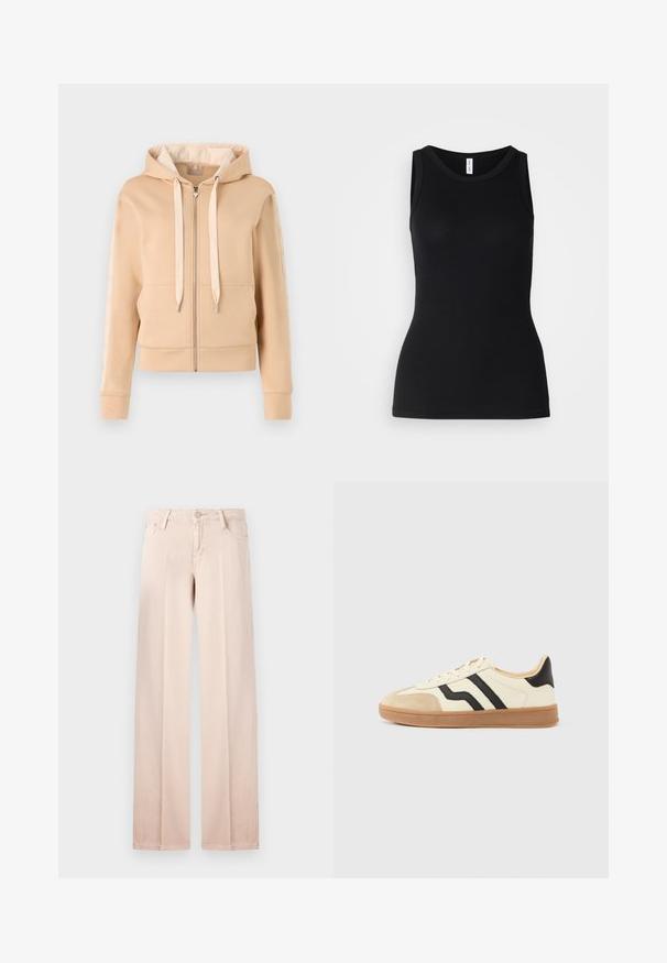 Beige zip-up hættetrøje med kængurulomme, snoretræk og mønstrede detaljer på ærmerne. Fremstillet af blødt, struktureret stof.; Sort ærmeløs tanktop lavet af ribbet stof, med rund halsudskæring og tætsiddende design, med en glat overflade og uden mønstre.; Beige bredde ben jeans i en glat bomuldsblanding, fem-lomme design, bæltestropper og en knaplukning. Minimalistisk stil og lys farve.; Snørestøvler med en cremefarvet overdel med sorte striber og en ruskindsnæsetip, suppleret med en brun gummisål.