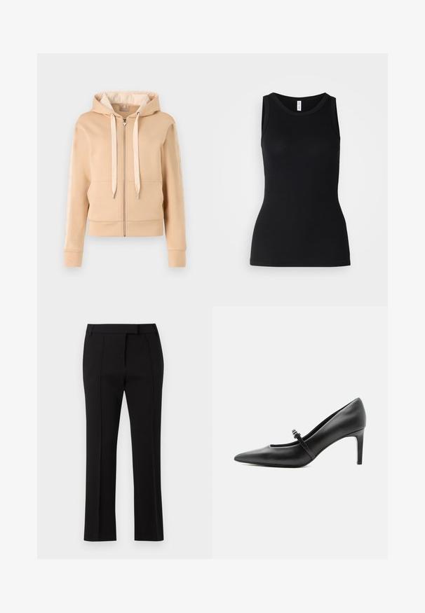 Beige zip-up hættetrøje med kængurulomme, snoretræk og mønstrede detaljer på ærmerne. Fremstillet af blødt, struktureret stof.; Sort ærmeløs tanktop lavet af ribbet stof, med rund halsudskæring og tætsiddende design, med en glat overflade og uden mønstre.; Sorte skræddersyede bukser lavet af glat stof, med en mellemhøj talje, frontlæger og lige ben design.; Sort læderspids højhælede sko med tynd rem og spænde over vristen, stående på en neutral lys baggrund.