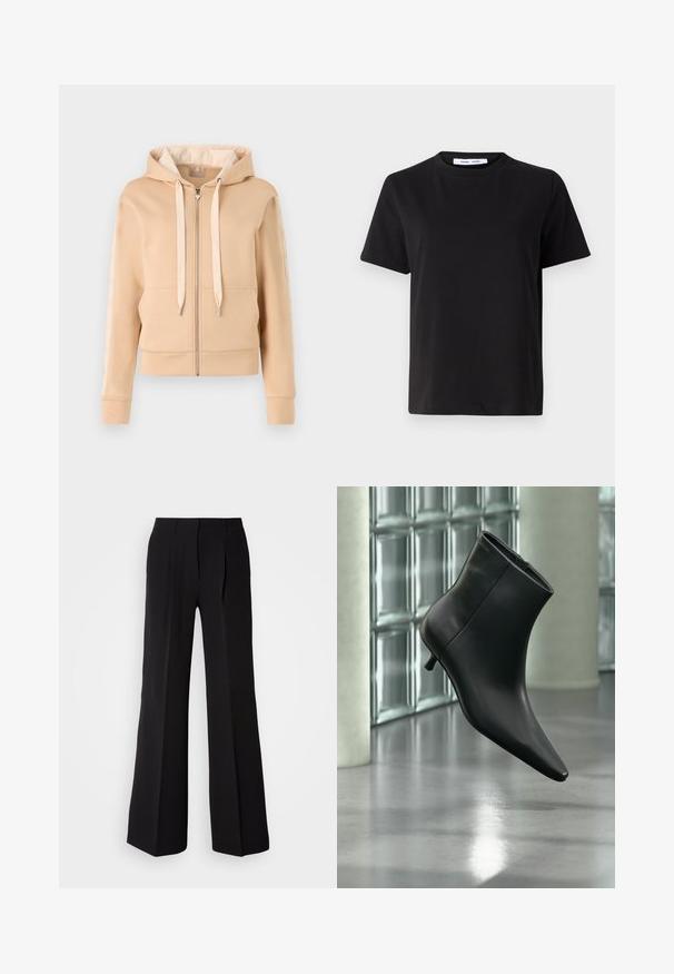 Beige zip-up hættetrøje med kængurulomme, snoretræk og mønstrede detaljer på ærmerne. Fremstillet af blødt, struktureret stof.; Sort t-shirt med korte ærmer fremstillet af blødt bomuld, med rund halsudskæring, afslappet pasform og en glat overflade. Ingen synlige mønstre eller grafik.; Sorte bukser lavet af glat stof, med høj talje, bred ben silhuet og to frontfolder for ekstra design detaljer.; Sort læderankelstøvle med spids tå og lav kitten-hæ, vist vinklet mod en poleret gulv- og glasblokvæg.