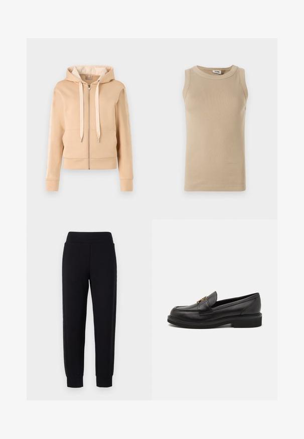 Beige zip-up hættetrøje med kængurulomme, snoretræk og mønstrede detaljer på ærmerne. Fremstillet af blødt, struktureret stof.; Beige ærmeløs top lavet af ribbet stof med rund hals, der har tonale stikninger og en tætsiddende design.; Sorte sweatpants med tætsiddende ben, der har en bred elastisk talje og strukturerede sidelapper. Lavet af et blødt, strækbart materiale.; Sorte læder loafers med rund tå, syede detaljer, guldfarvet hardware og en lav tekstureret gummisål. Glat, elegant finish.