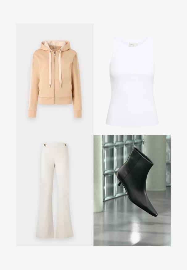 Beige zip-up hættetrøje med kængurulomme, snoretræk og mønstrede detaljer på ærmerne. Fremstillet af blødt, struktureret stof.; Hvid ribbet tanktop med rund halsudskæring og uden ærmer. Strækbart stof og tætsiddende design. Etiketten bagpå viser "GESTUZ."; Guess MAELICE BUTTONS FLARE PANT - Bukser - muted stone; Sort læderankelstøvle med spids tå og lav kitten-hæ, vist vinklet mod en poleret gulv- og glasblokvæg.