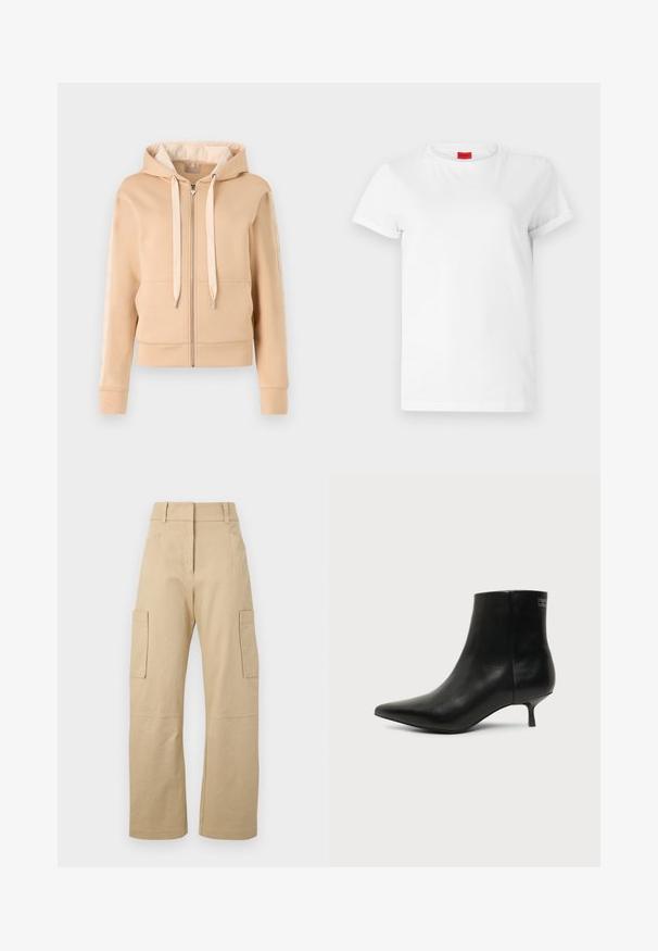 Beige zip-up hættetrøje med kængurulomme, snoretræk og mønstrede detaljer på ærmerne. Fremstillet af blødt, struktureret stof.; Hvid kortærmet t-shirt lavet af letvægts bomuld. Har en rund halsudskæring og rullede ærmer. Rød logoetiket på kraven.; Beige cargo bukser lavet af bomuld, med høj talje, vide ben, to sidelommer og to store cargolommer på lårene.; Sort læder ankelstøvle med spids tå og lav kitten hæl på lys baggrund, der viser yderside.